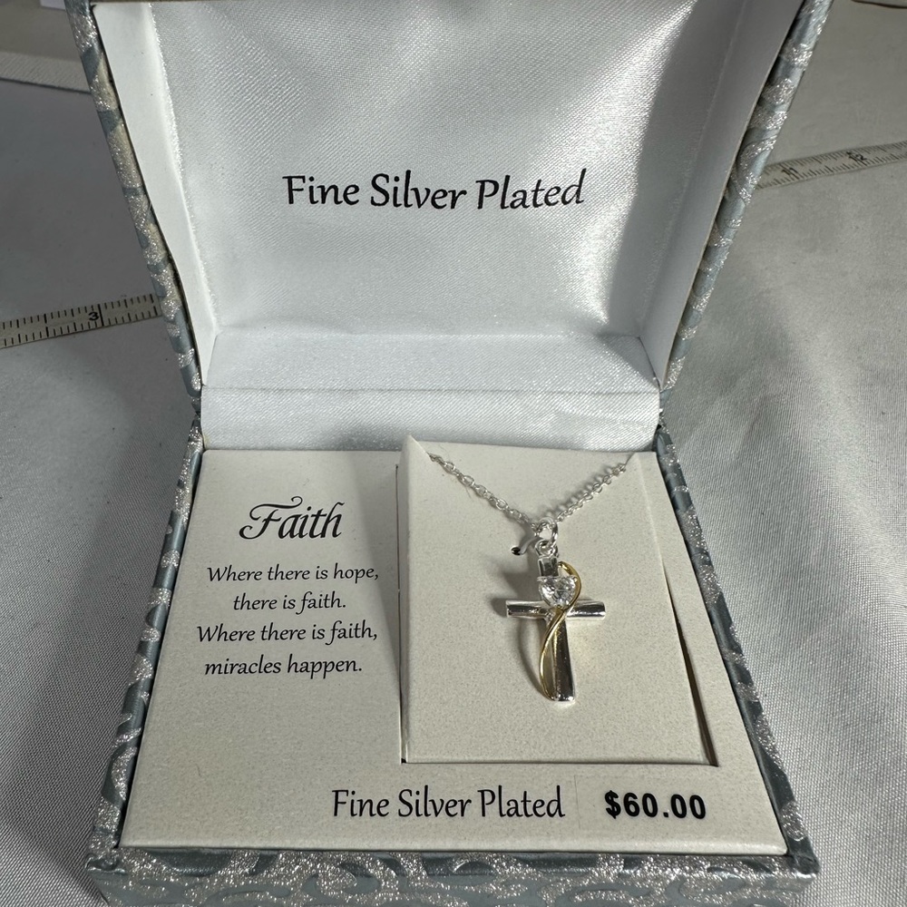 Silverplated cross necklace heart shaped crystal
